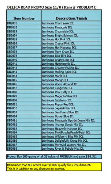 Size 11 Luminous Delica Bead Promotion