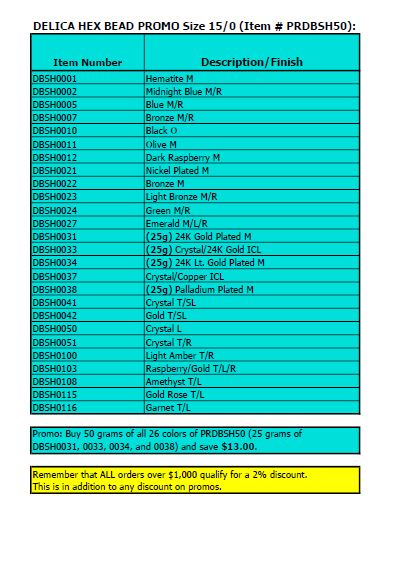 Size 15 50 Gram Delica Hex Bead Promotion